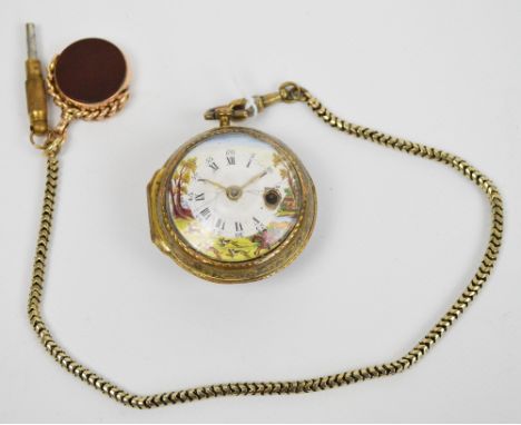 An 18th century skeletonised verge pocket watch with finely painted enamel dial decorated with a hunting scene, the fusee mov