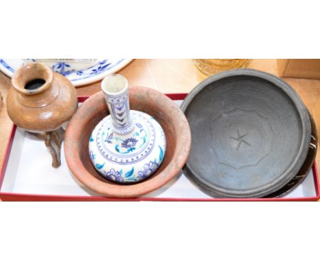 A collection of ceramics comprising a shallow dish with tubelined figural decoration, incised 1945 to base, a bowl, a stonewa