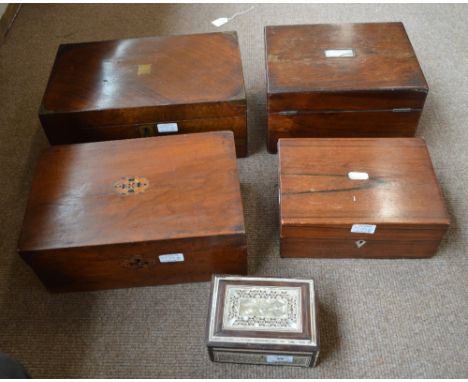 Two 19th century rosewood writing boxes, two 19th century walnut boxes and an inlaid trinket box, all for restoration (5).