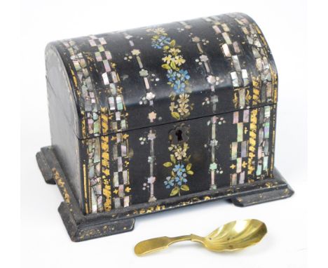 A Victorian papier-mâché mother of pearl inlaid and floral painted tea caddy, the domed hinged lid enclosing two lidded compa