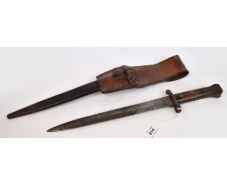 A Wilkinson of London bayonet with leather scabbard and belt attachment, length 44.5cm.