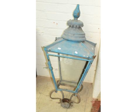 A Victorian blue painted exterior light, only one section of glass remaining, length 100cm.