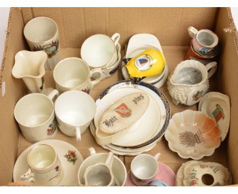 A mixed lot of ceramics, predominantly crested china, including a WWI "peace" mug, a hair tidy with Welshpool crest, an Arcad