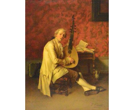 THEODORE CERIEZ (1832-1904); oil on panel, seated man playing a lute, signed, bearing traces of label verso, also with biogra