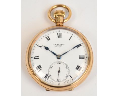 A 9ct yellow gold cased open face crown wind pocket watch, the movement and dial signed JW Benson, London, the circular white