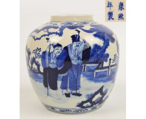 A 19th century Chinese porcelain jar painted in underglaze blue with an official and three elders in a continuous garden land