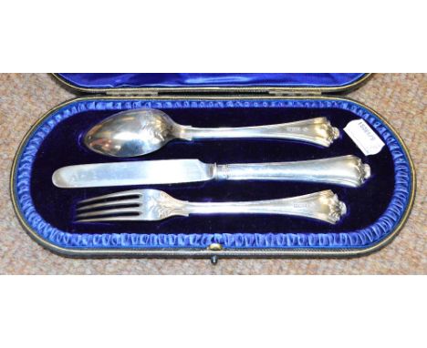 A cased Edwardian hallmarked silver three piece christening set comprising knife fork and spoon, Sheffield 1909.