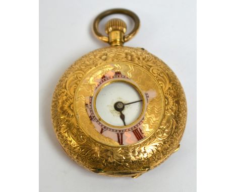 An 18ct yellow gold half hunter cased crown wind fob watch, the circular dial set with Roman numerals, the front case with tr