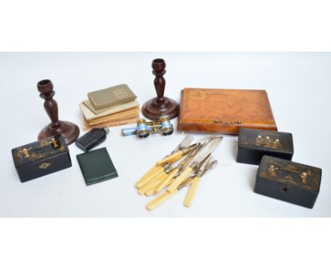 A mixed lot of collectables to include enamel decorated opera glasses (af), three lacquered boxes, a walnut box, a pair of ca