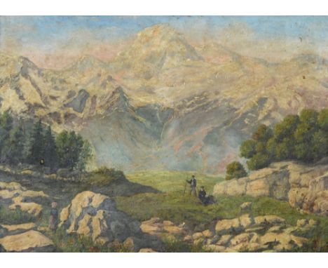 R. TOULOUSE; oil on canvas, mountainous landscape with figures in foreground, signed, 40 x 60cm, framed.