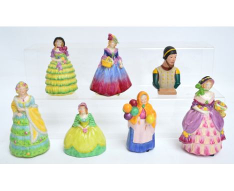 Six Goss figures; "Lady Betty", "June", "Bridesmaid", "Edyth", "Lady Rose" and "Balloon Seller", also a Goss figure "Peeping 
