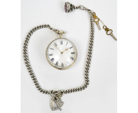 A George IV hallmarked silver pair cased open face key wind verge pocket watch, the circular white enamel dial set with Roman