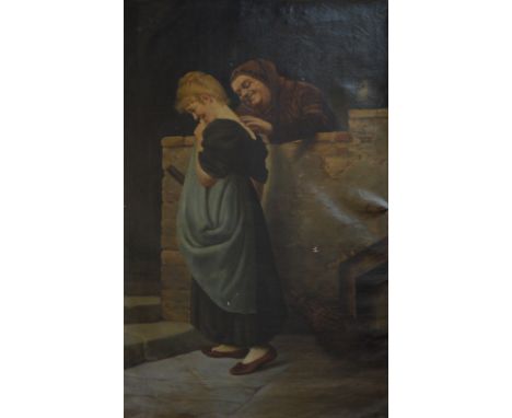 R ABRAHAM; oil on canvas, study of a young girl beside a monk, signed, 117 x 68cm, framed.