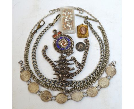 A mixed lot of jewellery including a silver and enamel medallion inscribed "Justice Truth Philanthropy" with presentation ins