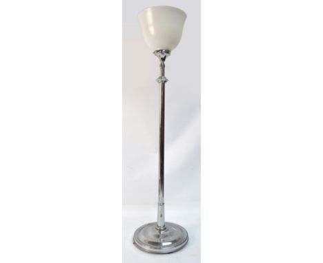 An Art Deco style chromed uplighter with adjustable central column and dished circular base.