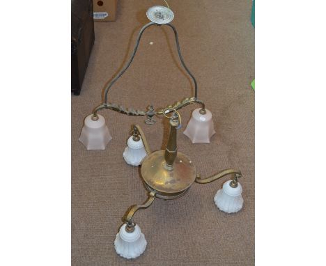 An early 20th century three branch pendant light with opaque white fruit moulded shades, height of fitment 53cm, and a two br