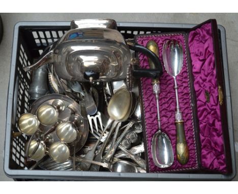 A large collection of plated items including cased fish knives, cased servers, pastry forks, entree dish, three piece tea ser