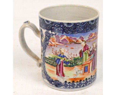 A late 18th/early 19th century Chinese Export mug hand painted in Famille Rose enamels with figures in a landscape within a b