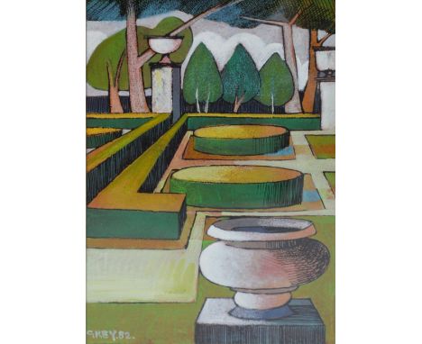 GEOFFREY KEY (born 1941); mixed media "Formal Garden I", signed and dated '82 lower left, with Pitcairn Galleries label verso