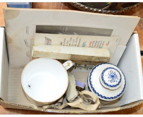 An 18th century pearlware tea caddy inscribed "Ann Gater 1784", height 10.5cm (af), also a 19th century mug painted with flor