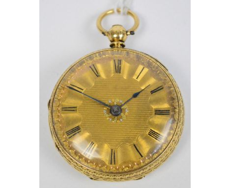 A 19th century 18ct gold cased key wind pocket watch, the engine turned champagne dial set with Roman numerals, the movement 