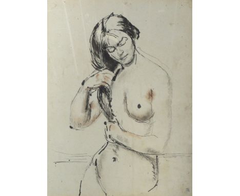 LAWRENCE PRESTON; pencil and charcoal sketch, nude female, signed, 26 x 37.5cm and two further nude studies, all framed and g