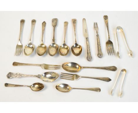 A group of hallmarked silver teaspoons, various makers, including "Queens" pattern example, London 1847, "Old English" patter