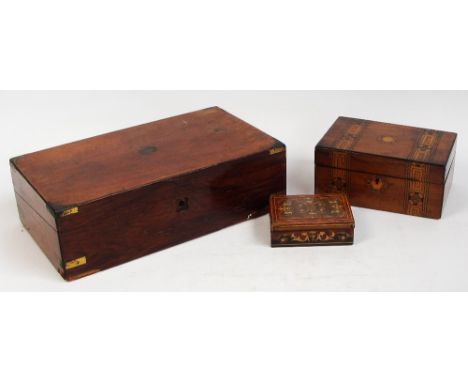 A Victorian walnut brass cornered writing slope for restoration, width 40cm, and two further trinket boxes (3).