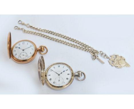 A silver plated half hunter cased crown wind pocket watch, the circular white enamel dial set with Roman numerals and subsidi