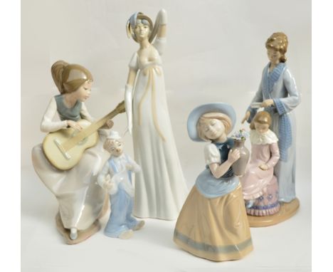 A large Nao figure of a girl with a guitar, a Nao figure group of a girl brushing the hair of another (af), a Porcelanas Miqu