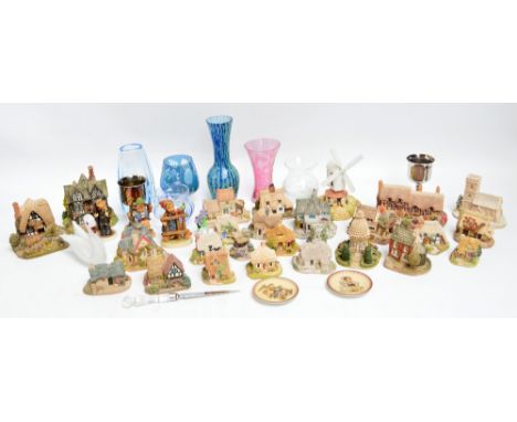 A quantity of decorative ceramics including Liliput Lane models, three Hummel figures, two small Hummel plaques, glass vases 