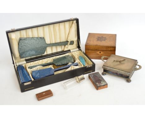 A mixed lot of collectables including a 19th century snuff box, a leather cased faceted glass flask with telescopic cup cover