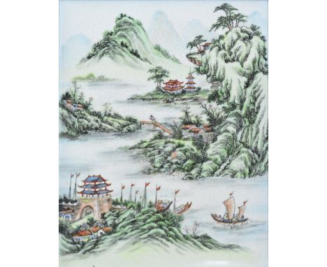 A decorative 20th century Chinese ceramic rectangular plaque decorated with an expansive mountainous landscape scene, 28 x 21