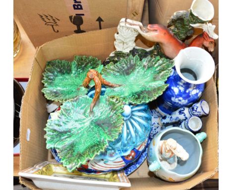 A collection of mixed ceramics including a Staffordshire flatback of a deer and dog, a Crown Devon vase, Imari plate, Losolwa