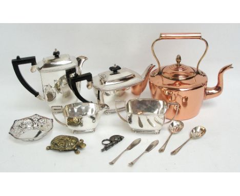 A quantity of electroplated items including a four piece tea service, a pierced bonbon dish, spoons and butter knives, a copp