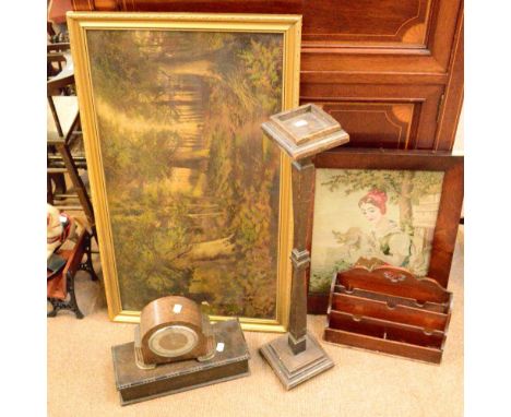 An oak trinket box, a clock, a stationery rack, an ashtray on stand, a framed tapestry and an oil (6).