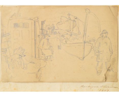 19TH CENTURY FRENCH SCHOOL; pencil sketch "Boulogne Steamer, 1860", unsigned, inscribed and dated to mount, 13 x 19cm, unfram