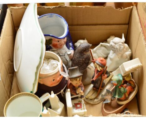 A mixed lot of ceramics including two Lladro figures, three Hummel figures, two character jugs, Prattware mug, four pieces of