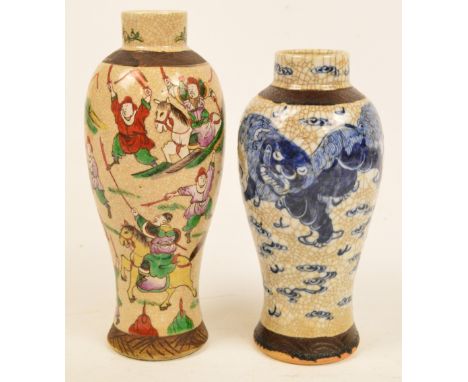 A 19th century Chinese Famille Vert crackle glazed baluster vase decorated with warriors and horsemen, incised seal mark to b