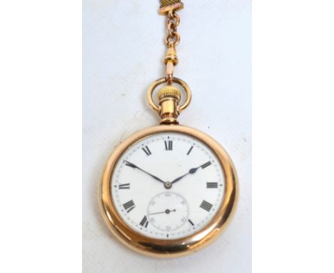 An early 20th century gold plated open face crown wind pocket watch, the circular white enamel dial set with Roman numerals s