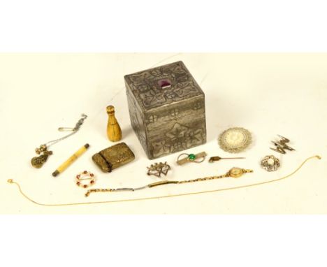 A pewter rectangular box containing six brooches, a stick pin, a lady's watch, necklace, base metal vesta and a bone seal.