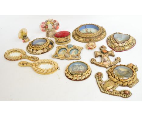 A collection of shell adorned "Valentines" and ornaments, comprising two hand mirrors, two anchors, pin cushion, inkwell, nee