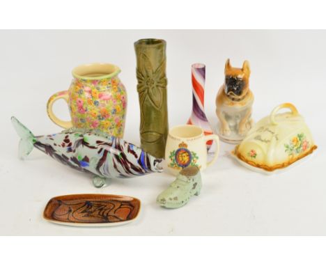 A mixed lot of ceramics including a Poole "Aegean" large pin dish, a Russian model of a dog, a Murano fish, a commemorative m