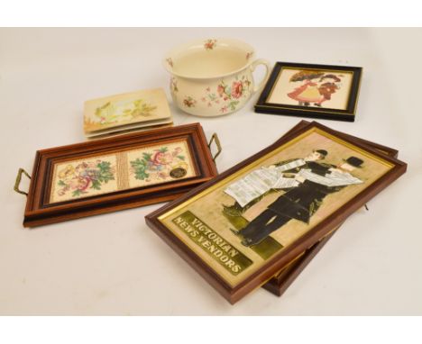 A mixed lot of ceramics comprising two tile pictures, "Victorian News Vendors" and an oriental horse and a small example with