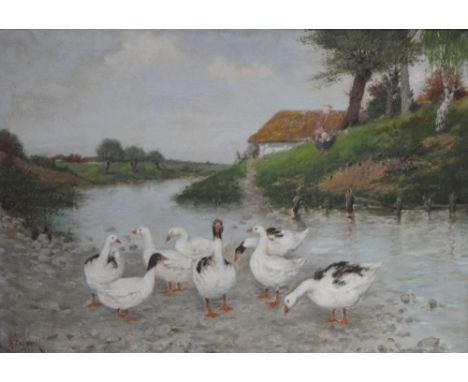 K ZADRAZIL; oil on canvas, landscape with geese beside a stream, signed and dated 1930, 70 x 100cm, framed.