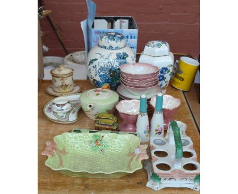 A quantity of mixed ceramics including a large Mason's ginger jar, an Aynsley hexagonal jar and cover, a Branksome dessert se