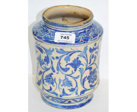 A 19th century Italian Albarello jar of slightly waisted form, painted with foliate sprays and a classical vase, unmarked, he