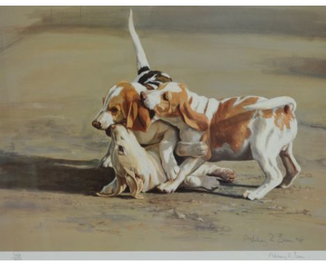 AFTER ASHLEY NOAN; a signed limited edition coloured print, hounds playing, 366/850, image 35 x 50.5cm, framed and glazed.