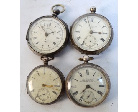 Four 19th century silver cased open face key wind pocket watches, each with white enamel dial.