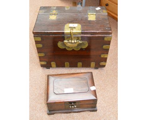A Korean elm brass bound rectangular trinket box with fish shaped lock, width 35.5cm, and another similar (2).